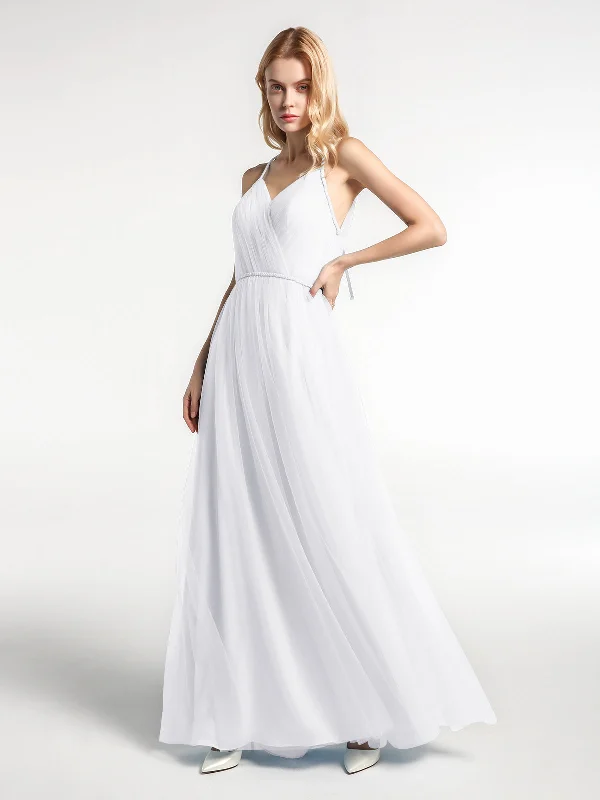 Twist Straps Tulle Maxi Dress with V Neckline White Elegant Maxi Dress with Belt