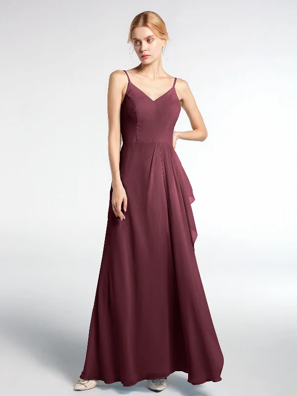 V-neck Chiffon Simple Maxi Dress with Spaghetti Straps-Cabernet Elegant Maxi Dress with Drapes