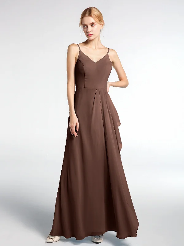 V-neck Chiffon Simple Maxi Dress with Spaghetti Straps-Chocolate Elegant Lace Maxi Dress