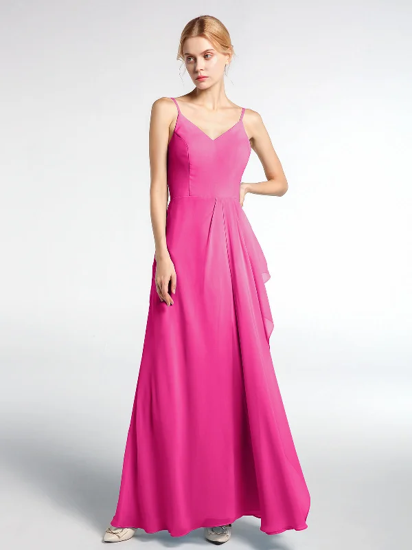 V-neck Chiffon Simple Maxi Dress with Spaghetti Straps-Fuchsia Classic Strapless Maxi Dress