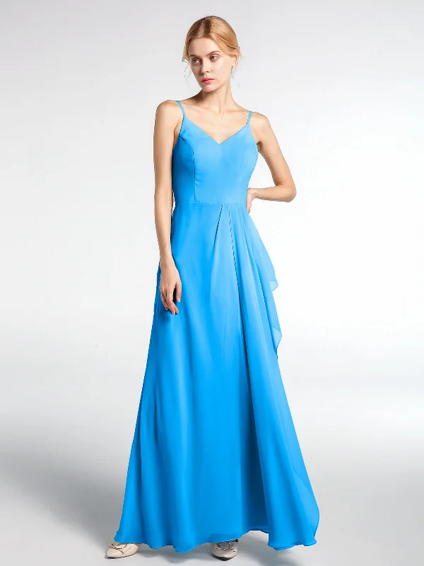 V-neck Chiffon Simple Maxi Dress with Spaghetti Straps-Ocean Blue Comfortable Maxi Dress with Belt