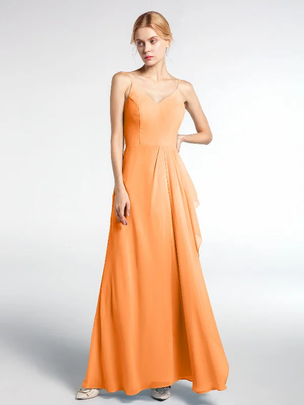 V-neck Chiffon Simple Maxi Dress with Spaghetti Straps-Orange Elegant Maxi Dress with Belt