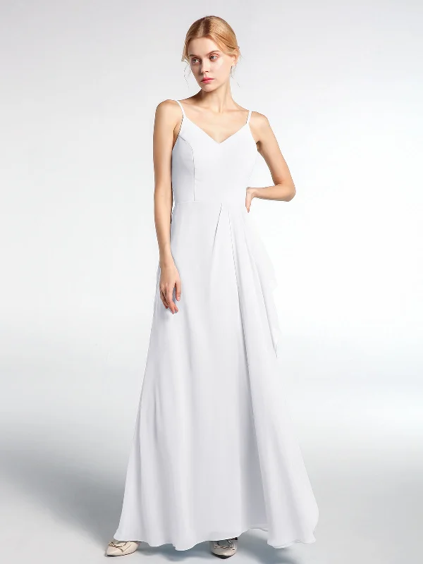 V-neck Chiffon Simple Maxi Dress with Spaghetti Straps-White Stylish Pleated A-Line Maxi Dress