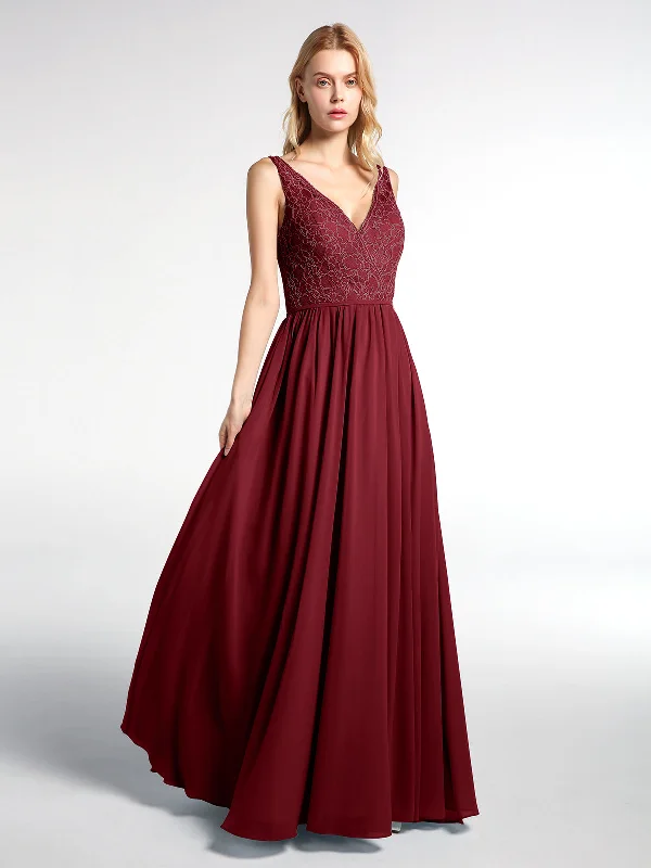 V-neck Lace Top Chiffon Skirt Maxi Dress-Burgundy Cozy Longline Maxi Dress