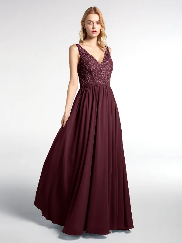 V-neck Lace Top Chiffon Skirt Maxi Dress-Cabernet Comfortable Plunging Neckline Maxi Dress