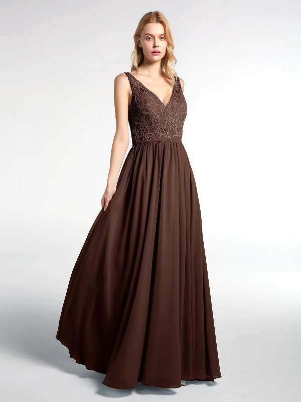 V-neck Lace Top Chiffon Skirt Maxi Dress-Chocolate Classic V-Neck Maxi Dress