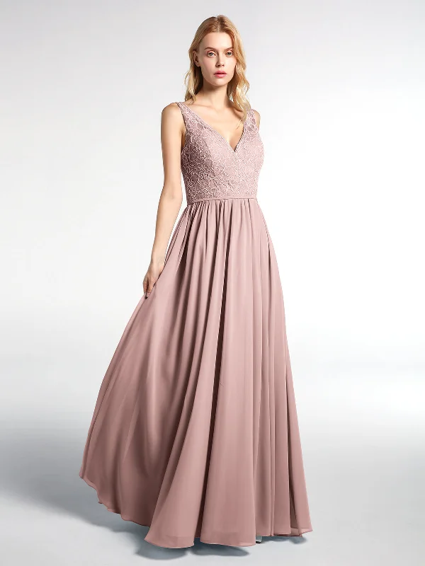 V-neck Lace Top Chiffon Skirt Maxi Dress-Dusty Rose Elegant Tiered Maxi Dress