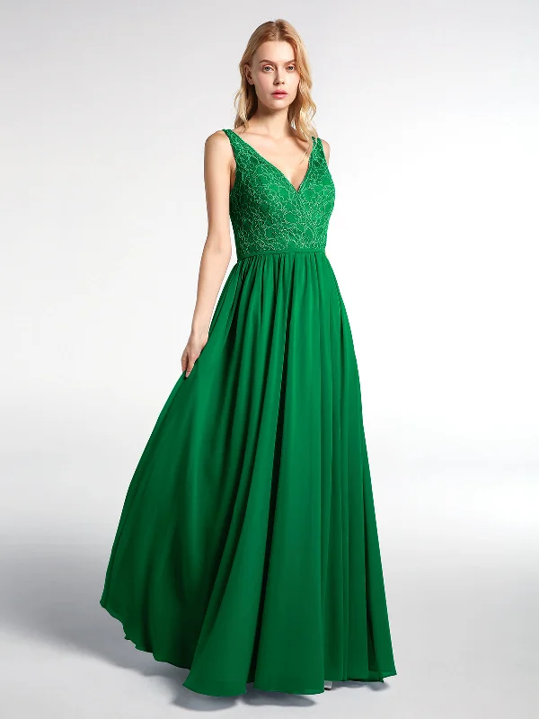 V-neck Lace Top Chiffon Skirt Maxi Dress-Emerald Comfortable T-Shirt Maxi Dress