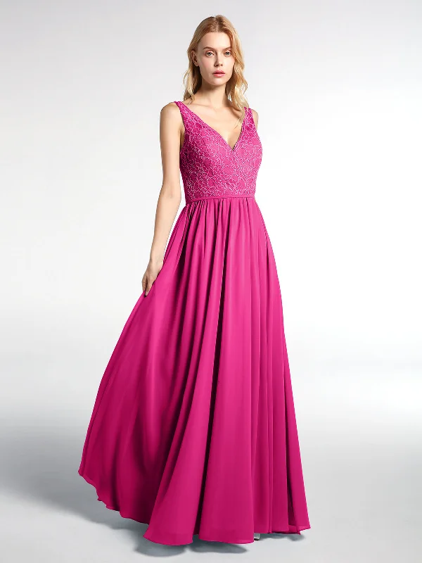 V-neck Lace Top Chiffon Skirt Maxi Dress-Fuchsia Elegant Wraparound Maxi Dress