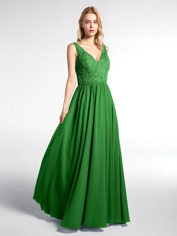 V-neck Lace Top Chiffon Skirt Maxi Dress-Green Trendy Floral Print Maxi Dress