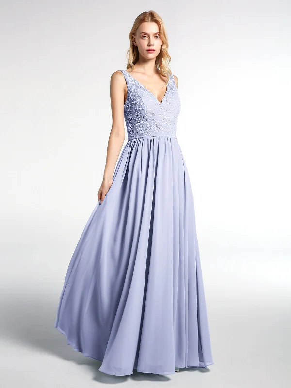 V-neck Lace Top Chiffon Skirt Maxi Dress-Lavender Comfortable Ruffle Hem Maxi Dress