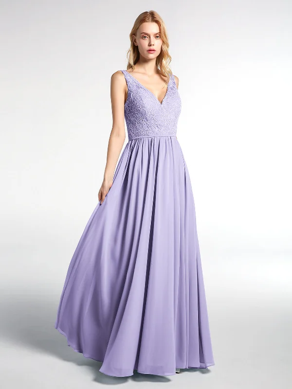 V-neck Lace Top Chiffon Skirt Maxi Dress-Lilac Elegant Maxi Dress with Lace