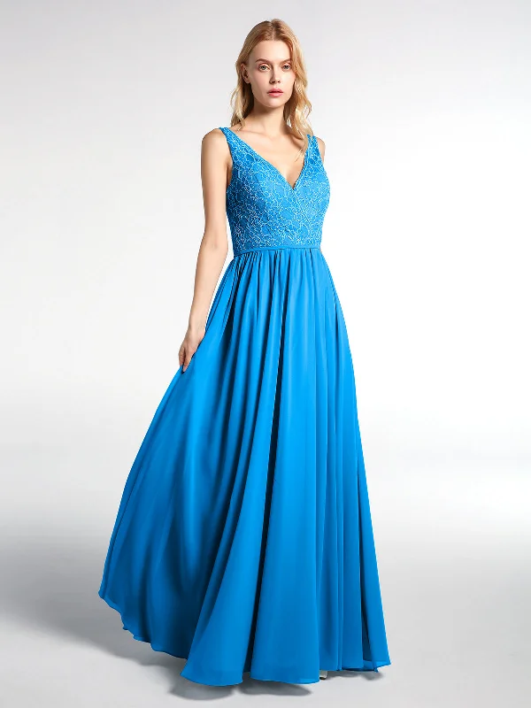 V-neck Lace Top Chiffon Skirt Maxi Dress-Ocean Blue Comfortable Bohemian Maxi Dress