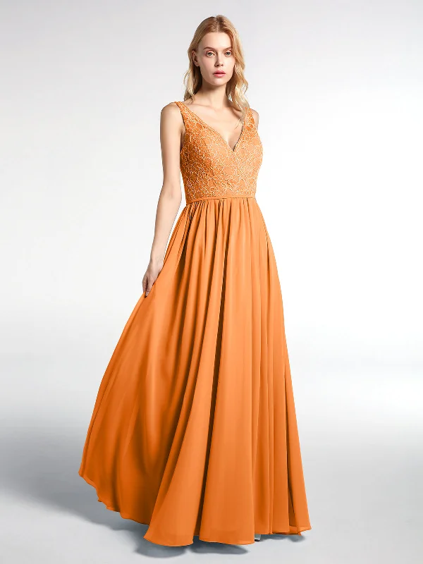 V-neck Lace Top Chiffon Skirt Maxi Dress-Orange Stylish Pleated A-Line Maxi Dress