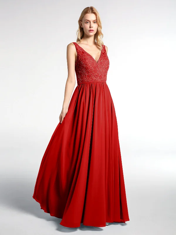 V-neck Lace Top Chiffon Skirt Maxi Dress-Red Cozy Longline Maxi Dress