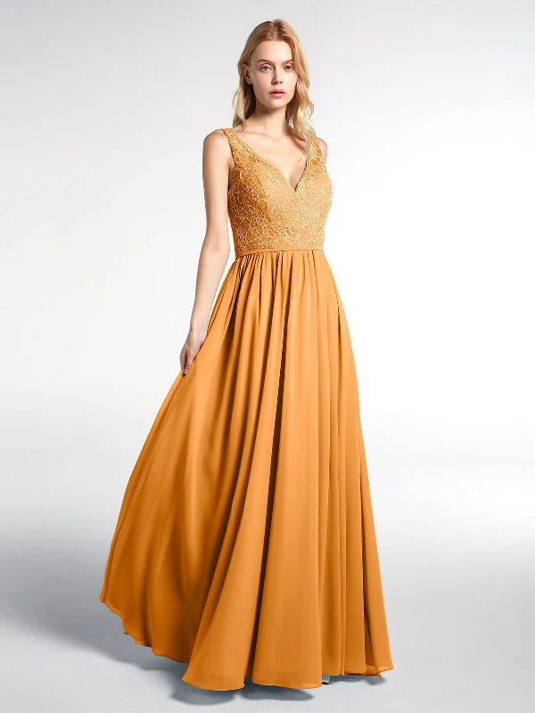 V-neck Lace Top Chiffon Skirt Maxi Dress-Tangerine Trendy Maxi Dress with Lace