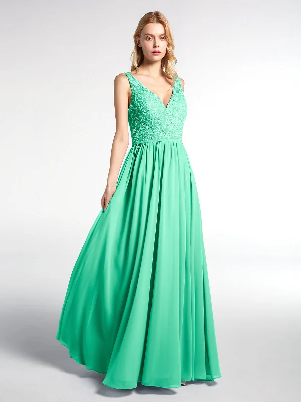 V-neck Lace Top Chiffon Skirt Maxi Dress-Turquoise Elegant Maxi Dress with Pockets