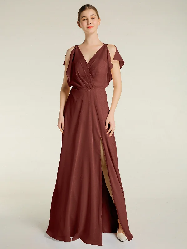 V Neckline Chiffon Maxi Dresses with Slit Terracotta Cozy Maxi Dress with Slit