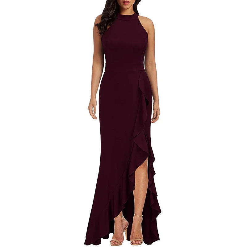 Women High Neck Split Bodycon Mermaid Evening Cocktail Maxi Dress Elegant Silk Maxi Dress