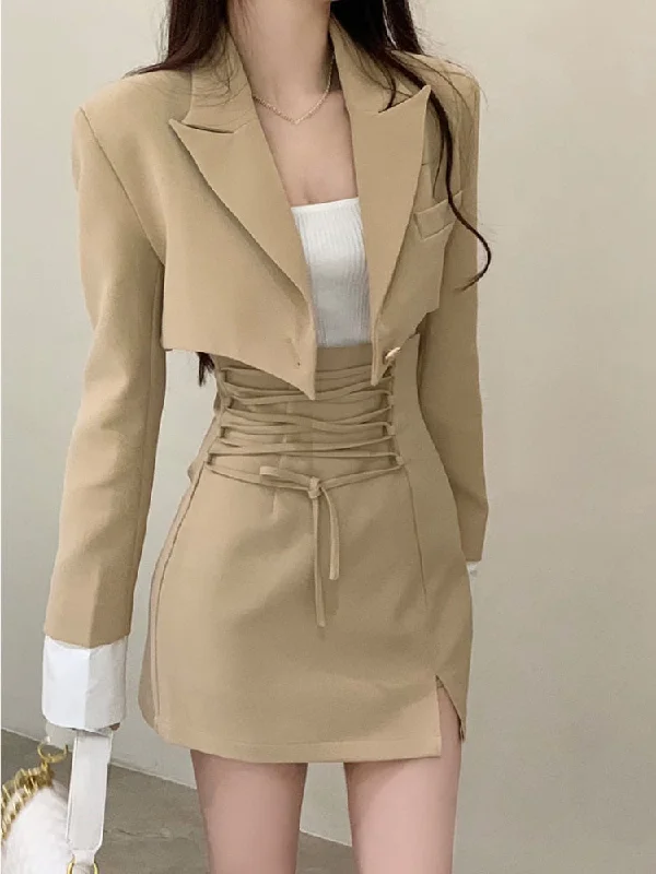 Getadme-2 Piece Dress Set Women Casual Y2k Crop Tops Elegant Jacket Coats + Mini Skirts Korean Fashion Suits Autumn Blazers Dress Collared Jacket Crew Neck Jacket Turtle Neck Jacket