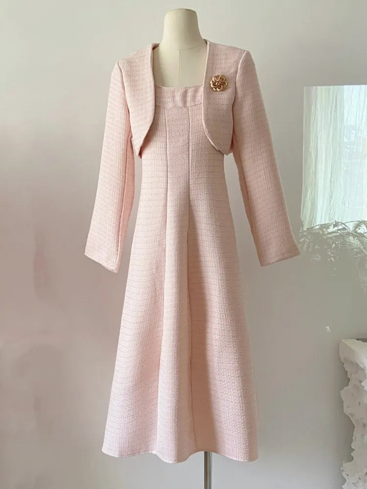 Getadme-Autumn Winter Two Piece Set For Women Jacket Coat + Tank Dress 2 Piece sets women Outfit conjuntos femininos elegantes Oversized Jacket Tailored Jacket Straight Jacket