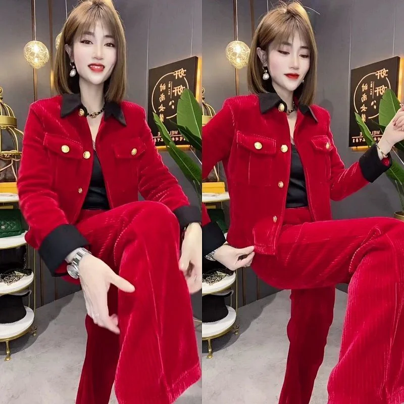Getadme-Spring Autumn New Women Striped Corduroy Sets Long Sleeve Single Breasted Short jacket Coat And Straight Pants 2PCS Outfit Striped Jacket Polka Dot Jacket Floral Jacket