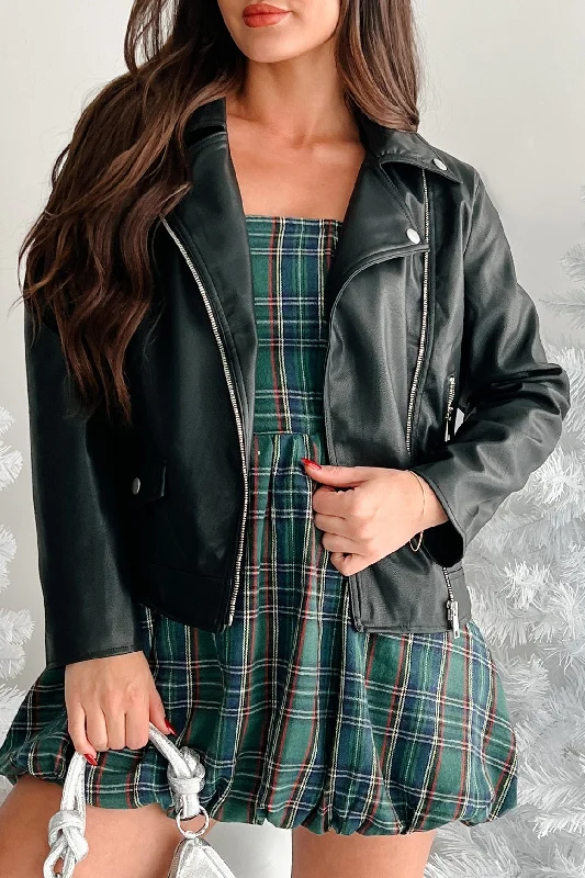 Acting Tough Faux Leather Moto Jacket (Black) V-Neck Jacket Boat Neck Jacket Square Neck Jacket