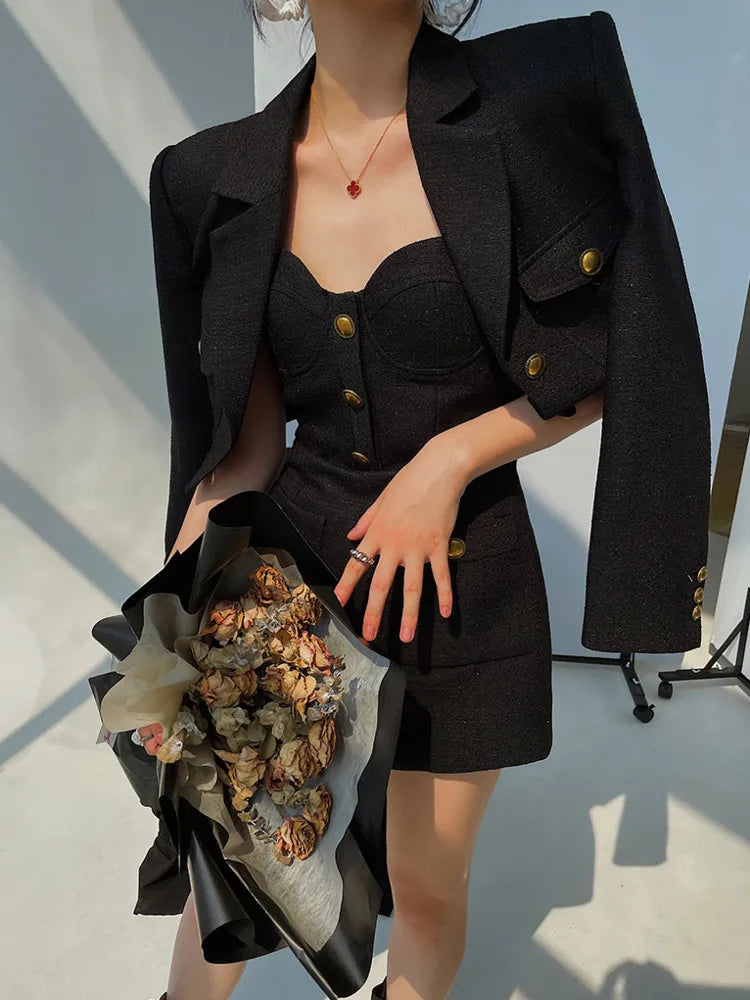 Getadme-Autumn Winter Fashion Streetwear Two Piece Sets Womens Outifits Ensemble Femme Jumpsuit + Short Jacket Coat Tweed 2 Piece Set Toggled Jacket Drawstring Jacket Belted Jacket