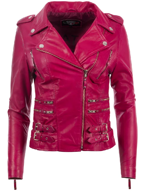 AGSM Women's Biker Jacket - Pink Chenille Fabric Brocade Fabric Lace Fabric