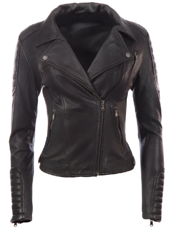 K014 Women's Jacket - Black Snapped Jacket Toggled Jacket Drawstring Jacket