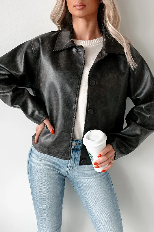 Beckham Washed Faux Leather Jacket (Dark Brown) V-Neck Jacket Boat Neck Jacket Square Neck Jacket