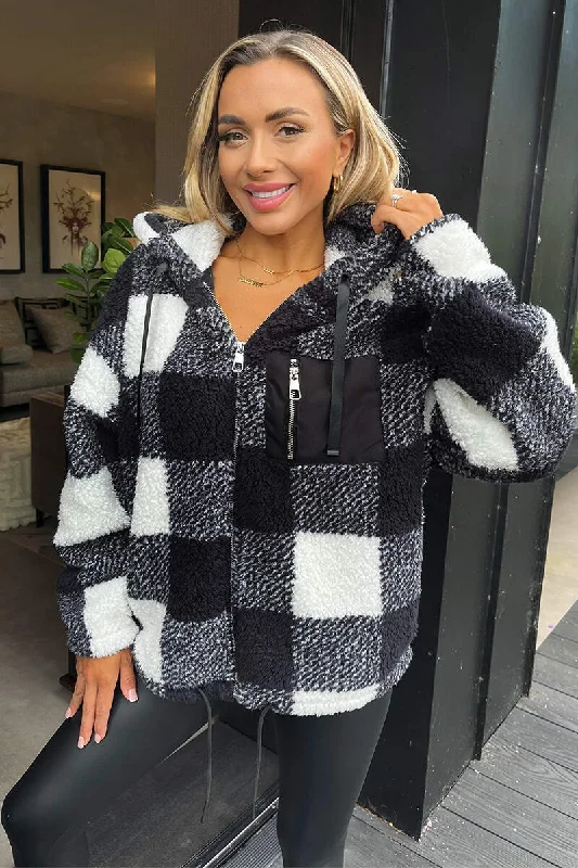 Black Check Pocket Detail Hooded Teddy Jacket Print Jacket Jacquard Jacket Embroidered Jacket Black Check Pocket Detail Hooded Teddy Jacket Print Jacket Jacquard Jacket Embroidered Jacket
