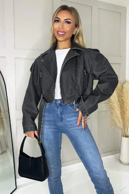 Black Faux Leather Cropped Jacket Print Jacket Jacquard Jacket Embroidered Jacket