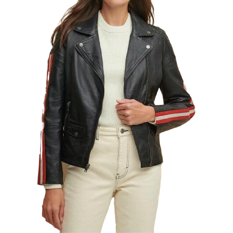 Black Sheepskin Leather Jacket with Red and White for Women Knit Fabric Woven Fabric Fleece Fabric Black Sheepskin Leather Jacket with Red and White for Women Knit Fabric Woven Fabric Fleece Fabric