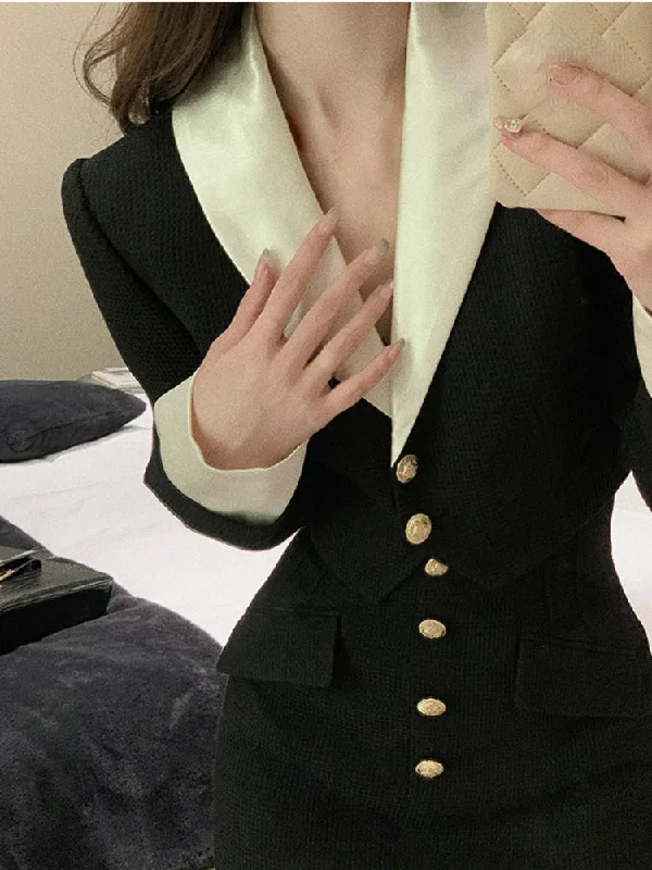 Getadme-Black Y2k Mini Dress Women Casual Korean Style 2 Piece Dress Set Crop Tops Jacket Coats + Short Skirts Elegant Dress Autumn Jacket Blazer Coat