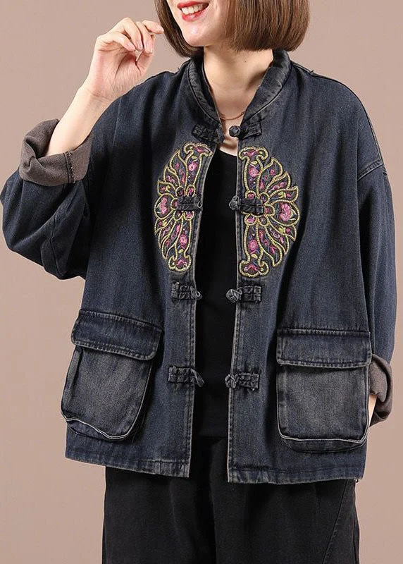 Boho Black Button Embroidered Pockets Fall Denim Jackets Print Jacket Jacquard Jacket Embroidered Jacket