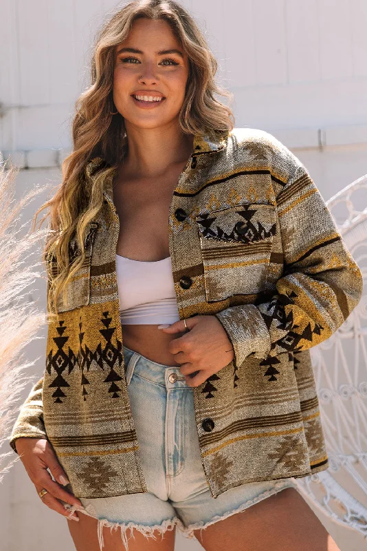 Brown Western Aztec Print Jacket Hooded Jacket Caped Jacket Shawl Collar Jacket