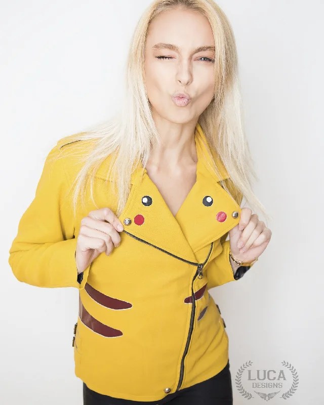 Womens Nintendo Pokemon Pikachu Leather Jacket Yellow Cardigan Sweater Pullover