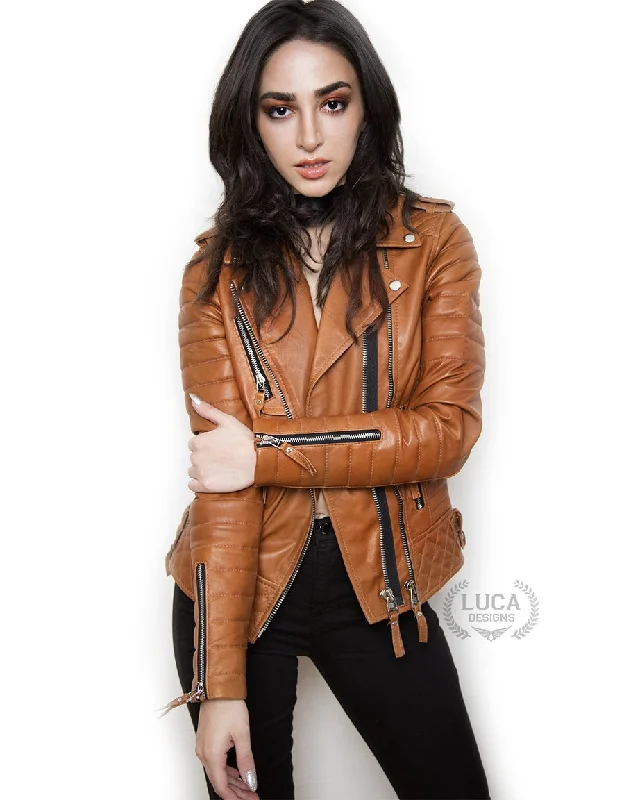 Womens Quilted Leather Motorcycle Jacket Brown Zip Front Button Front Snap Front