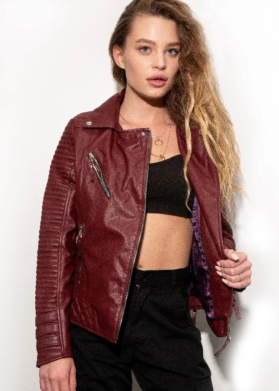 Womens Quilted Leather Motorcycle Jacket Maroon V-Neck Jacket Boat Neck Jacket Square Neck Jacket