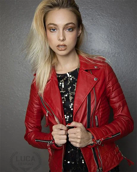Womens Quilted Leather Motorcycle Jacket Red Front Pockets Side Pockets Patch Pockets Womens Quilted Leather Motorcycle Jacket Red Front Pockets Side Pockets Patch Pockets