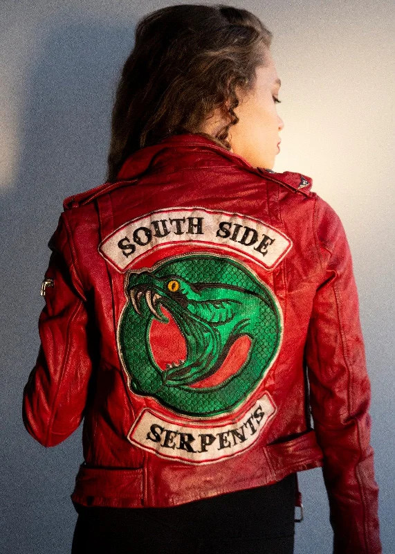 Womens Riverdale Southside Serpents Leather Motorcycle Jacket Red Zip Front Button Front Snap Front