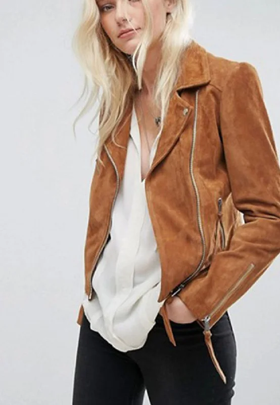 Women’s Tan Brown Suede Leather Biker Jacket Faux Fur Jacket Real Fur Jacket Shearling Jacket