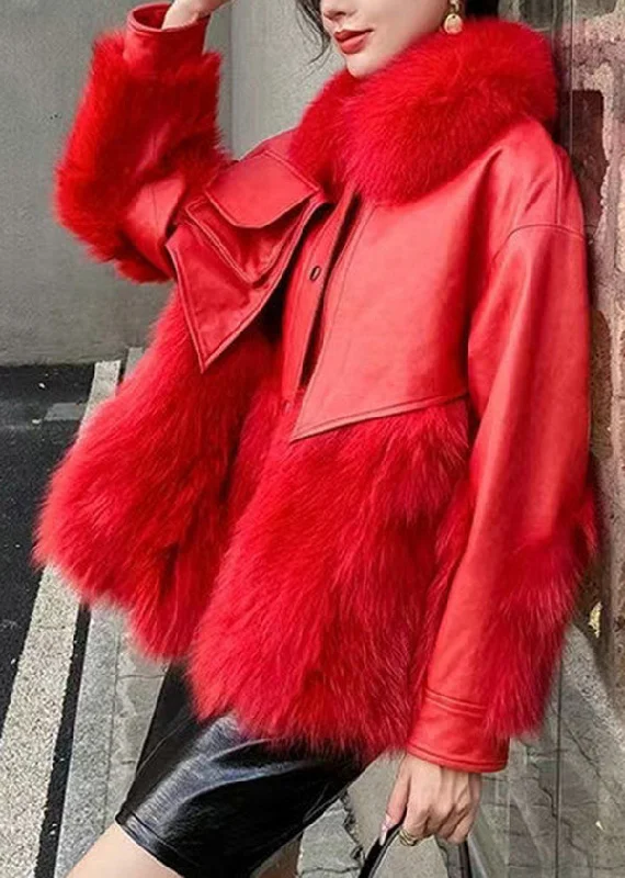Classy Red Fur Collar Patchwork Faux Fur Jackets Winter Satin Jacket Silk Jacket Chiffon Jacket