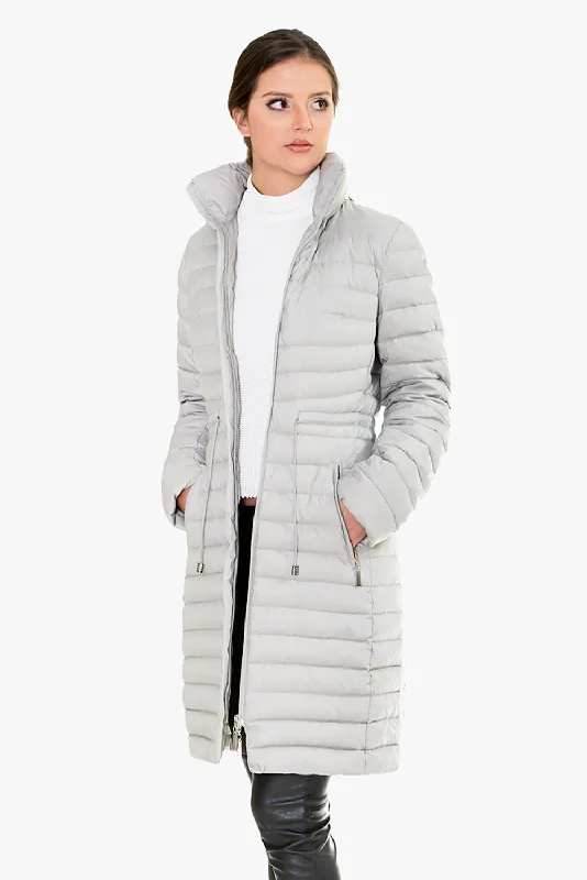 Silver Hooded Quilted Shell Down Jacket Boat Neck Shawl Collar Notched Collar