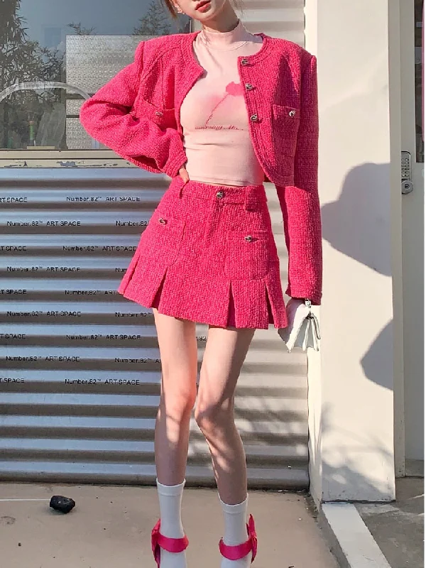 Getadme Elegant 2 Piece Dress Set Women Vintage Blazers Coats + Mini Skirts Y2k Clothing Jackets Korean Fashion Suits Autumn Chic Wool Fabric Cashmere Fabric Tweed Fabric