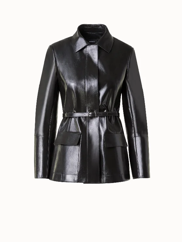 Fitted Leather Jacket with Belt in Lacquer Leather Notch Collar Jacket Peter Pan Collar Jacket Cowl Neck Jacket