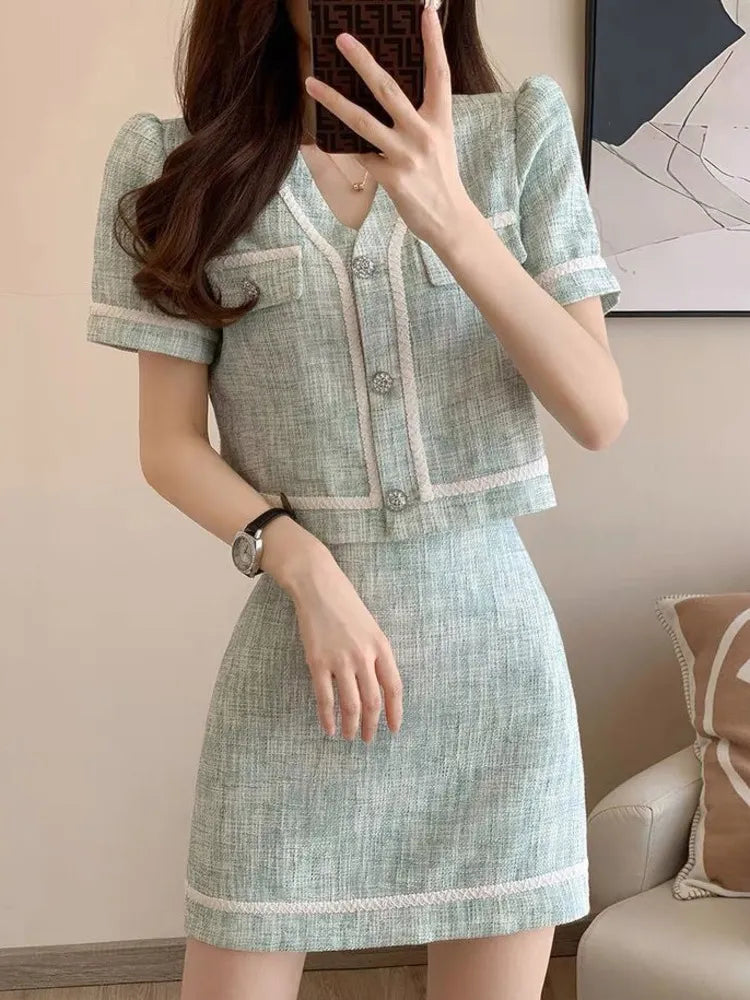 French Vintage Small Fragrance Two Piece Set Women Short Jacket Coat + Mini Skirt Sets Korean Fashion Summer 2 Piece Outfit Herringbone Jacket Houndstooth Jacket Plaid Jacket