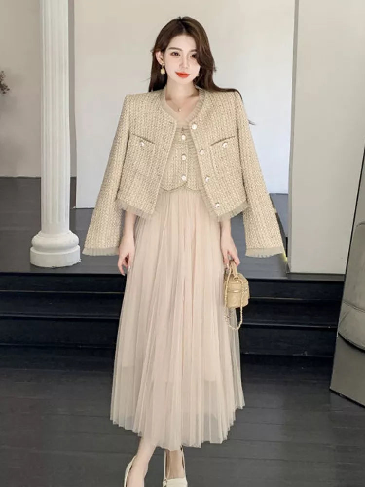 High Quality French Vintage Small Fragrance Two Piece Sets Women Outfits Luxury Short Jacket Coat + Sling Sexy Long Dress Suits Tiered Jacket Buttoned Jacket Zippered Jacket High Quality French Vintage Small Fragrance Two Piece Sets Women Outfits Luxury Short Jacket Coat + Sling Sexy Long Dress Suits Tiered Jacket Buttoned Jacket Zippered Jacket