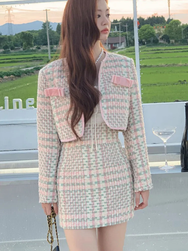 High Quality Small Fragrance Tweed 2 Piece Set Women Jacket Coat + Mini Skirt Suits Autumn Winter Fashion Sweet Two Piece Sets Plaid Jacket Tartan Jacket Houndstooth Jacket High Quality Small Fragrance Tweed 2 Piece Set Women Jacket Coat + Mini Skirt Suits Autumn Winter Fashion Sweet Two Piece Sets Plaid Jacket Tartan Jacket Houndstooth Jacket